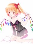  :d arm_support babydoll bed_sheet blonde_hair blush bow bra breasts cleavage collarbone flandre_scarlet floating_hair frilled_bra frills hair_bow highres lingerie long_hair looking_at_viewer nail_polish neck_ribbon negligee open_mouth pink_nails purple_bra red_bow red_eyes red_ribbon ribbon see-through side_ponytail simple_background sitting small_breasts smile solo touhou underwear underwear_only white_background wings yurara_(aroma42enola) 