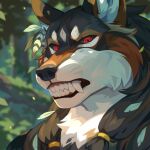 1:1 anthro bared_teeth black_body black_fur black_sclera blurred_background brown_body brown_fur bust_portrait canid canine canis cheek_tuft chest_tuft corzh77 facial_tuft fangs fur hi_res male mammal outside plant portrait red_eyes solo teeth tree tuft white_body white_fur wolf