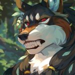  1:1 anthro bared_teeth black_body black_fur black_sclera blurred_background brown_body brown_fur bust_portrait canid canine canis cheek_tuft chest_tuft corzh77 facial_tuft fangs fur hi_res male mammal outside plant portrait red_eyes solo teeth tree tuft white_body white_fur wolf 