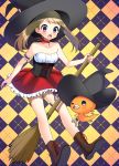  absurdres argyle argyle_background arm_garter bare_shoulders blush boots broom broom_riding brown_hair checkered checkered_background choker collarbone corset dirndl film_grain frilled_skirt frills german_clothes halloween halloween_costume haruka_(pokemon) hat highres looking_down open_mouth pokemon pokemon_(creature) pokemon_(game) pokemon_oras purple_eyes shadow skirt surprised torchic underbust witch witch_hat yuihiko 