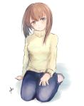  absurdres alternate_costume brown_eyes brown_hair denim eyebrows_visible_through_hair highres jeans kantai_collection looking_at_viewer miyako_(00727aomiyako) pants seiza short_hair signature simple_background sitting smile solo sweater taihou_(kantai_collection) turtleneck turtleneck_sweater white_background white_sweater 