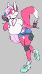  2018 anthro big_breasts blue_eyes blue_nose breasts canine clothed clothing collar collar_tag crackiepipe denim_shorts denisse female fingerless_gloves fox fully_clothed gloves grey_background guide_lines hair knee_pads long_hair mammal midriff pink_hair pouch shirt shorts simple_background smile sneakers solo t-shirt 