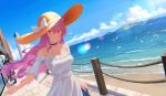  1girl 1other :3 arknights beach black_choker blue_sky bow building choker chromatic_aberration closed_mouth cloud commentary day doctor_(arknights) dress dutch_angle english_commentary frilled_dress frills hair_between_eyes hand_on_own_head hat hat_bow highres horizon lens_flare long_hair looking_at_viewer lumos_(noblese96) ocean off_shoulder outdoors pink_eyes pink_hair pozyomka_(arknights) seaside short_sleeves signature simple_bird sky smile solo_focus spaghetti_strap spoken_object standing straw_hat sun_hat sunlight water white_bow white_dress wind window yellow_hat 