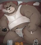 2024 absurd_res anthro balls bear black_nose bulge can clothing container controller genitals hi_res kemono male mammal moobs morningbread16 nipples overweight overweight_male penis remote_control sitting smoking solo underwear