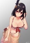  artist_name bikini black_hair breasts cleavage commentary_request cowboy_shot frilled_bikini frills gradient gradient_background grey_background hair_ornament highres kantai_collection large_breasts momiji_(103) red_eyes sarong short_hair side-tie_bikini solo standing swimsuit yamashiro_(kantai_collection) 