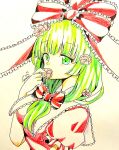  1girl 9puramu artist_name bow flower frilled_bow frilled_ribbon frills front_ponytail green_eyes green_hair hair_bow hair_ribbon holding holding_flower kagiyama_hina looking_at_viewer puffy_short_sleeves puffy_sleeves red_bow red_ribbon ribbon short_sleeves solo touhou traditional_media upper_body 