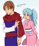  1boy 1girl blue_hair botan_(yu_yu_hakusho) brown_eyes brown_hair facial_mark forehead_mark japanese_clothes kimono koenma long_hair long_sleeves mabca open_mouth pacifier pink_kimono ponytail scarf smile yu_yu_hakusho 