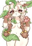  2024 4_fingers accessory anthro anthrofied blush blush_lines braided_hair braided_pigtails breasts brown_body brown_fur brown_hair chest_tuft convenient_censorship digital_media_(artwork) dipstick_ears ear_markings eeveelution female female_anthro fingers freckles fur generation_4_pokemon gloves_(marking) green_body green_fur hair hair_accessory hair_covering_breasts hi_res kemono koto0v0haru leaf leafeon long_hair looking_at_viewer markings multicolored_body multicolored_ears multicolored_fur multicolored_hair navel nintendo nude pawpads paws pigtails pokemon pokemon_(species) pokemorph portrait simple_background small_breasts solo tail tail_censorship tan_body tan_fur tan_hair three-quarter_portrait tuft white_background 