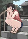  1girl black_hair brown_eyes commentary_request feet fuku_(fuku12290574) full_body grin highres hood hoodie legs_together looking_at_viewer original outdoors red_hoodie sandals short_hair short_shorts shorts sleeveless sleeveless_hoodie smile squatting toes 