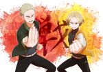  2boys 9hiragana9 belt black_pants blonde_hair jacket kotoha_tachibana kung_fu looking_at_viewer multiple_boys orange_jacket pants school_uniform short_hair spiked_hair teeth v-shaped_eyebrows white_belt wind_breaker_(nii_satoru) 