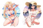  2girls arm_between_legs arm_support arm_under_breasts beach bikini black_hair blonde_hair blue_bikini blush braid breasts cleavage collarbone cowlick floating_hair flower frilled_bikini frills hair_flower hair_ornament hat hat_flower highres jewelry large_breasts long_hair looking_at_viewer lower_teeth_only mole mole_under_eye multiple_girls navel necklace nose_blush one_eye_closed open_mouth original parted_bangs red_eyes sandals sarong sarukana see-through_sarong single_braid squatting stomach straw_hat sunset swimsuit teeth twin_braids v wet white_background white_bikini 
