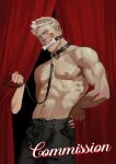  1boy 1girl abs absurdres animal_collar annoyed bare_pectorals bdsm blue_eyes bondage bone bound chain chain_leash collar devil_may_cry_(series) devil_may_cry_5 femdom highres holding holding_leash kiss kissing_cheek large_pectorals leash lips looking_at_viewer male_focus maozhu mature_male muscular muscular_male necktie nero_(devil_may_cry) nose pectorals pet_play realistic short_hair solo topless_male upper_body white_hair 
