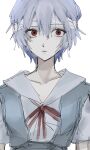  1girl ayanami_rei bandages blue_hair c_uino expressionless hair_between_eyes highres neon_genesis_evangelion red_eyes red_ribbon ribbon shirt short_hair simple_background solo white_background white_shirt 