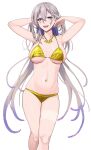  1girl :d absurdres arms_up bikini blue_eyes breasts cowboy_shot earclip english_commentary fangs gold_bikini gold_necklace grey_hair hair_between_eyes highres horizontal_pupils indie_virtual_youtuber jewelry kuon_bb large_breasts long_hair mole mole_under_mouth multicolored_hair navel necklace pochimaru_(vtuber) simple_background skindentation smile solo standing straight-on swimsuit tan tanlines teardrop_facial_mark very_long_hair virtual_youtuber white_background 