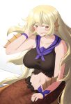  1girl bare_shoulders blonde_hair blue_bow blush bow breasts commentary commission crop_top english_commentary fins grin highres large_breasts long_hair looking_at_viewer mermaid midriff monster_girl navel orange_eyes original sifserf smile solo very_long_hair wrist_bow 