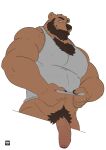  2023 abs absurd_res anthro bear beard biceps big_penis body_hair bottomless brown_eyes chest_hair clothed clothing deltoids eyebrow_piercing eyebrows facial_hair facial_piercing flaccid foreskin genitals half-length_portrait hi_res lomlynx looking_at_viewer low-angle_view male mammal manly muscular mustache navel nipple_outline pecs penis piercing portrait pubes shirt shirt_only simple_background smile smiling_at_viewer solo tank_top tank_top_only topwear topwear_only triceps vein veiny_penis white_background 