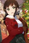  :d alternate_costume bag bangs black_hair black_skirt blurry blush breath brown_gloves casual christmas_tree coat depth_of_field duffel_coat eyebrows_visible_through_hair fur_collar gloves green_eyes icehotmilktea kurosawa_dia long_hair looking_at_viewer love_live! love_live!_sunshine!! mole mole_under_mouth open_clothes open_coat open_mouth outdoors red_coat shoulder_bag skirt smile snowing solo upper_body winter 
