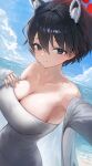  1girl absurdres animal_ears beach black_eyes black_hair blue_archive blue_sky breasts cleavage cloud dress halo hand_on_own_chest highres jacket large_breasts looking_at_viewer nanimonine9 raccoon_ears raccoon_girl red_halo short_hair sky solo tsubaki_(blue_archive) water white_dress white_jacket 