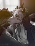  2018 anthro canine digital_media_(artwork) dragon duo eyes_closed grimoiren hair horn kissing male mammal white_hair 