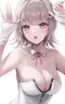  1girl :o arm_warmers bare_shoulders breasts cleavage danganronpa_(series) danganronpa_2:_goodbye_despair detached_collar galaga hair_ornament hands_up highres large_breasts leotard medium_hair nanami_chiaki neck_ribbon no_hood pink_ribbon ribbon solo upper_body white_leotard yukhoe_(kaje7pi) 