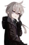 1girl ahoge black_gloves black_jacket black_necktie collared_shirt girls&#039;_frontline gloves grey_eyes grey_hair hair_between_eyes hand_up highres hood hooded_jacket jacket long_hair looking_at_viewer m200_(girls&#039;_frontline) messy_hair meta0614 necktie open_mouth ponytail shirt simple_background solo upper_body white_background white_shirt 