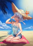  absurdres alternate_costume bangs bare_legs bare_shoulders beach beach_mat belt bikini blue_bikini blue_eyes blue_sky blush breasts buckle cloud commentary_request denim denim_shorts eyebrows_visible_through_hair flower hair_between_eyes hair_ornament hat highres honkai_impact jewelry long_hair looking_at_viewer necklace ocean open_mouth ribbon sand see-through shell short_shorts shorts silver_hair sitting sky small_breasts smile solo starfish sun_hat sweat swimsuit theresa_apocalypse twintails wrist_ribbon yokozuwari zhao_shixuan 