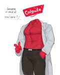  anthro belt clothed clothing colgate_(toothpaste) english_text floating_head hi_res kogito male simple_background solo text topless topless_anthro topless_male 