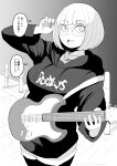  1girl :d absurdres claw_pose fang glasses greyscale guitar hadashi_no_kenji hand_up highres holding holding_guitar holding_instrument hood hood_down hoodie instrument long_sleeves looking_at_viewer medium_hair monochrome original outdoors sanpaku smile solo speech_bubble standing thighhighs 