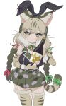  1girl animal_ears bottle cat_ears cat_girl cat_tail elbow_gloves extra_ears fingerless_gloves gloves green_eyes grey_hair highres holding holding_bottle jacket japari_symbol jungle_cat_(kemono_friends) kemono_friends kemono_friends_v_project kunikuni_(kunihiro2005) long_hair looking_at_viewer microphone rabbit_ears ribbon simple_background skirt sleeveless solo tail thighhighs twintails virtual_youtuber 