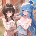  2girls absurdres aqua_(konosuba) black_hair blue_eyes blue_hair blush breasts closed_mouth covering_breasts covering_privates embarrassed highres kono_subarashii_sekai_ni_shukufuku_wo! long_hair megumin multiple_girls nude onsen open_mouth pasongsong red_eyes short_hair_with_long_locks single_hair_ring steam towel very_long_hair wet wet_towel white_towel 