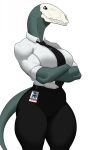 anthro big_breasts bottomwear breasts clothed clothing dfaop dress_shirt female front_view fully_clothed green_body hi_res monster muscular muscular_anthro muscular_female necktie pants shirt simple_background solo tight_bottomwear tight_clothing tight_pants topwear wide_hips