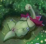 3_toes antennae_(anatomy) anus blush claws feet female feral fizzpop flower generation_2_pokemon genitals grass green_body hi_res looking_at_viewer lying meganium night nintendo nude on_back outside plant pokemon pokemon_(species) pussy shrub smile solo spread_legs spreading tail toes unusual_anatomy yellow_eyes