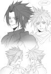  2boys 5ciw2 armor black_hair character_name closed_eyes cloud_strife crisis_core_final_fantasy_vii cropped_torso final_fantasy final_fantasy_vii from_side greyscale hand_up happy highres laughing looking_at_viewer male_focus monochrome multiple_boys parted_bangs pauldrons scarf short_hair shoulder_armor sketch smile spiked_hair sweater turtleneck turtleneck_sweater upper_body white_background zack_fair 
