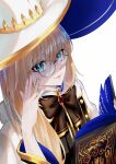 1girl absurdres aesc_(fate) aesc_(rain_witch)_(fate) blonde_hair blue_eyes book bow bowtie brooch cloak dress fate/grand_order fate_(series) glasses gold_trim hat highres holding holding_book jewelry long_hair long_sleeves looking_at_viewer portrait robe round_eyewear simple_background smile solo two-sided_fabric two-sided_headwear two-tone_sleeves uzu_asc white_background white_cloak white_robe wide_brim wide_sleeves witch_hat 