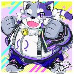 anthro bell bell_collar belly blush bracelet bygul chibi collar domestic_cat felid feline felis fur jewelry lifewonders live_a_hero male mammal mijinkoooknijim one_eye_closed overweight purple_body purple_eyes purple_fur smile solo striped_body striped_fur stripes suspenders wink zipper