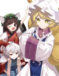  3girls ;d absurdres blonde_hair blunt_bangs brown_eyes brown_hair chen commentary_request fox_tail hands_in_opposite_sleeves happy hat highres horns keiki8296 medium_hair mob_cap multiple_girls multiple_tails one_eye_closed open_mouth red_eyes simple_background smile tail touhou toutetsu_yuuma white_background white_hair yakumo_ran yellow_eyes 