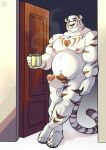 2024 absurd_res anthro balls belly biceps bodily_fluids coffee_mug crossed_legs deltoids door doorway dripping erection eyewear felid foreskin genital_fluids genitals glasses heart_symbol hi_res in_doorway inside leaning lomlynx looking_at_viewer male mammal manly musclegut muscular navel nipples pantherine pecs penis precum precum_drip pubes slightly_chubby smile smiling_at_viewer solo steam tiger triceps vein veiny_penis