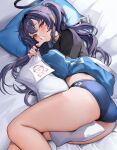  1girl ass black_shirt blue_archive blue_buruma blue_hair blue_jacket blush buruma closed_mouth dakimakura_(object) doodle_sensei_(blue_archive) halo highres jacket long_hair looking_at_viewer lying mikan03_26 official_alternate_costume on_side pillow revision sensei_(blue_archive) shirt solo thighs yuuka_(blue_archive) yuuka_(track)_(blue_archive) 