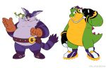 anthro belly belt big_the_cat clothing electronics feral footwear froggy_(sonic) fur gloves green_body group handwear headphones hi_res jewelry male necklace overweight purple_body purple_fur sandals sega shoes sneakers sonic_the_hedgehog_(series) splashburr striped_body striped_fur stripes trio vector_the_crocodile yellow_eyes
