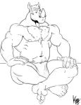  2016 anthro biceps body_hair chest_hair clothed clothing greyscale hair horn kihu loincloth male mammal monochrome muscular muscular_male navel nipples otieno pecs rhinoceros simple_background solo topless white_background 