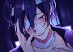  1boy bandaged_head bandaged_neck bandages blush eyepatch hand_on_own_face highres looking_at_viewer male_focus medical_eyepatch nokuhashi one_eye_covered open_mouth purple_eyes purple_hair purple_nails short_hair smile solo taito_(vocaloid) vocaloid 