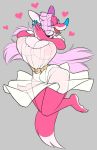  2018 anthro areola belt big_breasts blue_nose breasts canine cleavage clothed clothing colored_nails crackiepipe denisse dress eyes_closed female fox grey_background hair jumping long_hair mammal open_mouth open_smile pink_hair sharp_teeth simple_background smile solo teeth translucent transparent_clothing 