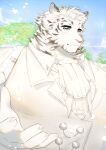  1boy animal_ears arknights ascot bara blue_eyes blue_sky claws commentary cross_scar furry furry_male highres jujurlyreckless looking_at_viewer male_focus mountain_(arknights) muscular muscular_male outstretched_hand scar scar_across_eye scar_on_cheek scar_on_face shirt sky smile suit tiger_boy tiger_ears tiger_stripes vest wedding_arch white_ascot white_shirt white_suit white_vest 