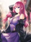  arm_behind_head black_coat blurry blurry_background breasts coat collarbone cowboy_shot eyebrows_visible_through_hair eyes floating_hair gigamessy jewelry large_breasts long_hair necklace open_clothes open_coat original pink_hair purple purple_skirt skirt solo standing twintails 