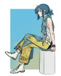  1girl artist_name belt blue_background blue_hair bocchi_the_rock! border from_side full_body looking_at_viewer mole mole_under_eye pants profile shinota12 shirt short_ponytail sitting sleeveless sleeveless_shirt solo watch white_border white_footwear white_shirt wristwatch yamada_ryo yellow_eyes yellow_pants 