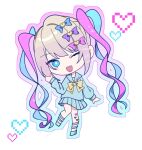  1girl ;d blonde_hair blue_bow blue_eyes blue_hair blue_serafuku blue_shirt blue_skirt bow chibi chouzetsusaikawa_tenshi-chan full_body hair_bow hair_ornament hand_up heart heart_hair_ornament hino_awai long_hair long_sleeves looking_at_viewer multicolored_hair multiple_hair_bows needy_girl_overdose one_eye_closed open_mouth outline pink_bow pink_hair pixel_heart pleated_skirt purple_bow quad_tails sailor_collar school_uniform serafuku shirt shoes signature skirt smile solo standing very_long_hair white_background yellow_bow 
