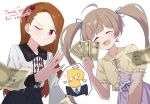  !? 1boy 2girls :d absurdres ahoge banknote blue_skirt blurry blurry_foreground blush brown_hair capelet closed_eyes collarbone dress hakozaki_serika highres holding holding_money idolmaster long_hair looking_at_viewer minase_iori money multiple_girls o_o one_eye_closed orange_hair p-head_producer pink_dress producer_(idolmaster) purple_eyes shirt shirt_tucked_in short_sleeves simple_background skirt smile spoken_character thank_you twintails white_background white_shirt yellow_capelet 