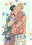  2boys ao_isami black_hair blonde_hair character_name couple cowboy_shot falling_petals floral_print flower_bracelet hawaiian_shirt hug lewis_smith male_focus multiple_boys muscular muscular_male open_clothes open_shirt petals saketoba_dd shirt short_hair sideburns simple_background undercut white_background yaoi yellow_background yuuki_bakuhatsu_bang_bravern 