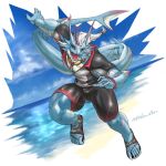 anthro athletic athletic_anthro athletic_male black_sclera blue_body bottomwear clothing dragon footwear hair hi_res hydoor kabe_dbn lifewonders live_a_hero male mythological_creature mythological_scalie mythology red_eyes sandals scalie scar sea shorts solo water white_hair