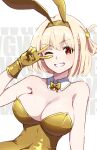 1girl alternate_costume animal_ears bare_shoulders blonde_hair bow bowtie breasts fake_animal_ears gloves gold_gloves gold_hairband gold_leotard grin hair_ornament hairband highres hyoe_(hachiechi) large_breasts leotard looking_at_viewer lycoris_recoil nishikigi_chisato one_eye_closed playboy_bunny rabbit_ears rabbit_hair_ornament red_eyes smile solo strapless strapless_leotard upper_body v v_over_eye yellow_bow yellow_bowtie yellow_gloves yellow_hairband yellow_leotard 